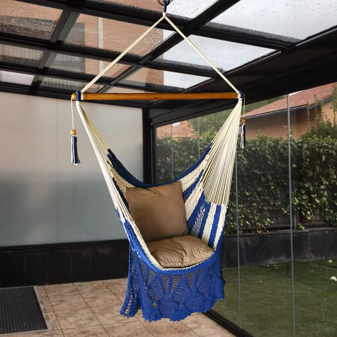 Silla colgante colgante azul con blanco
